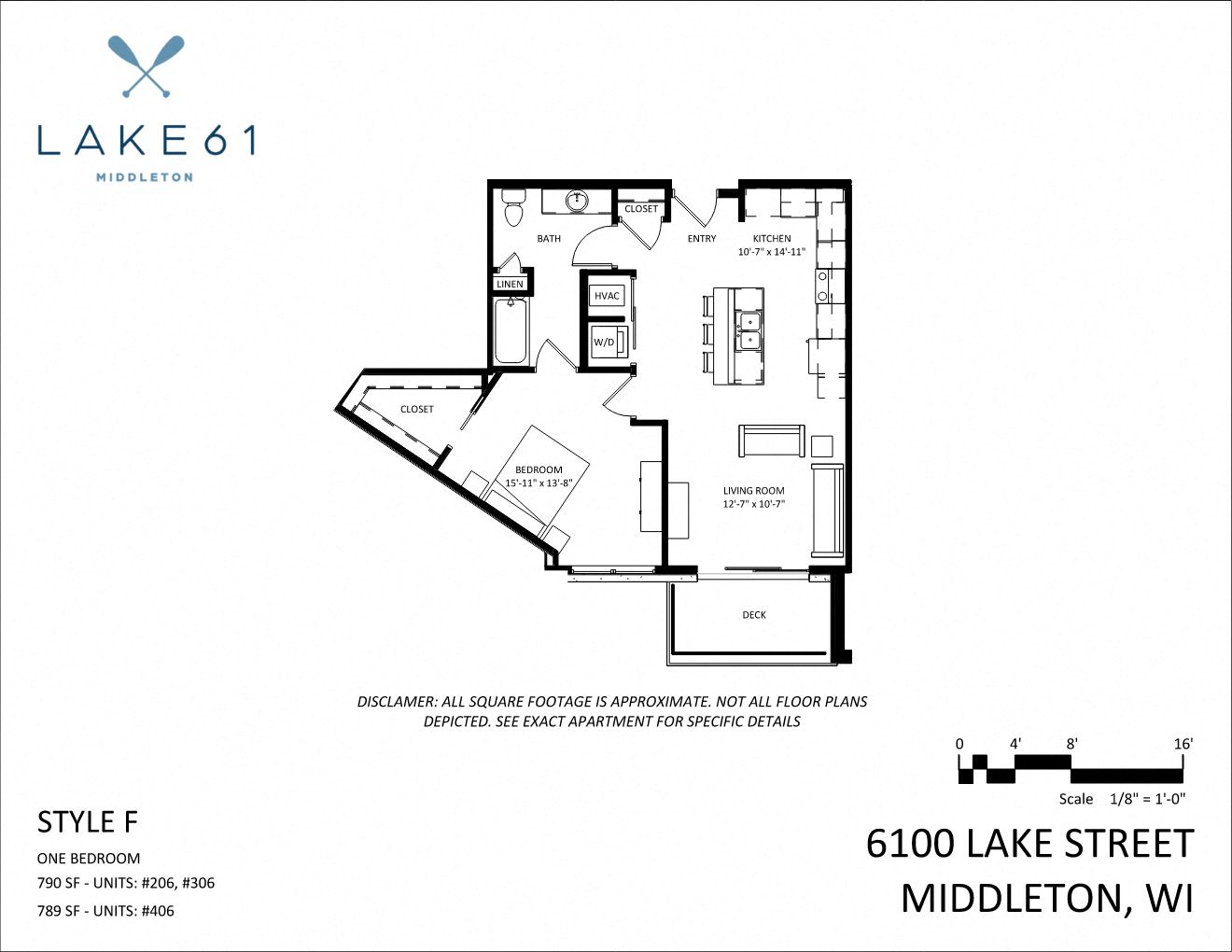 Floor plan for 1 bed, 1 bath, 790 sqft